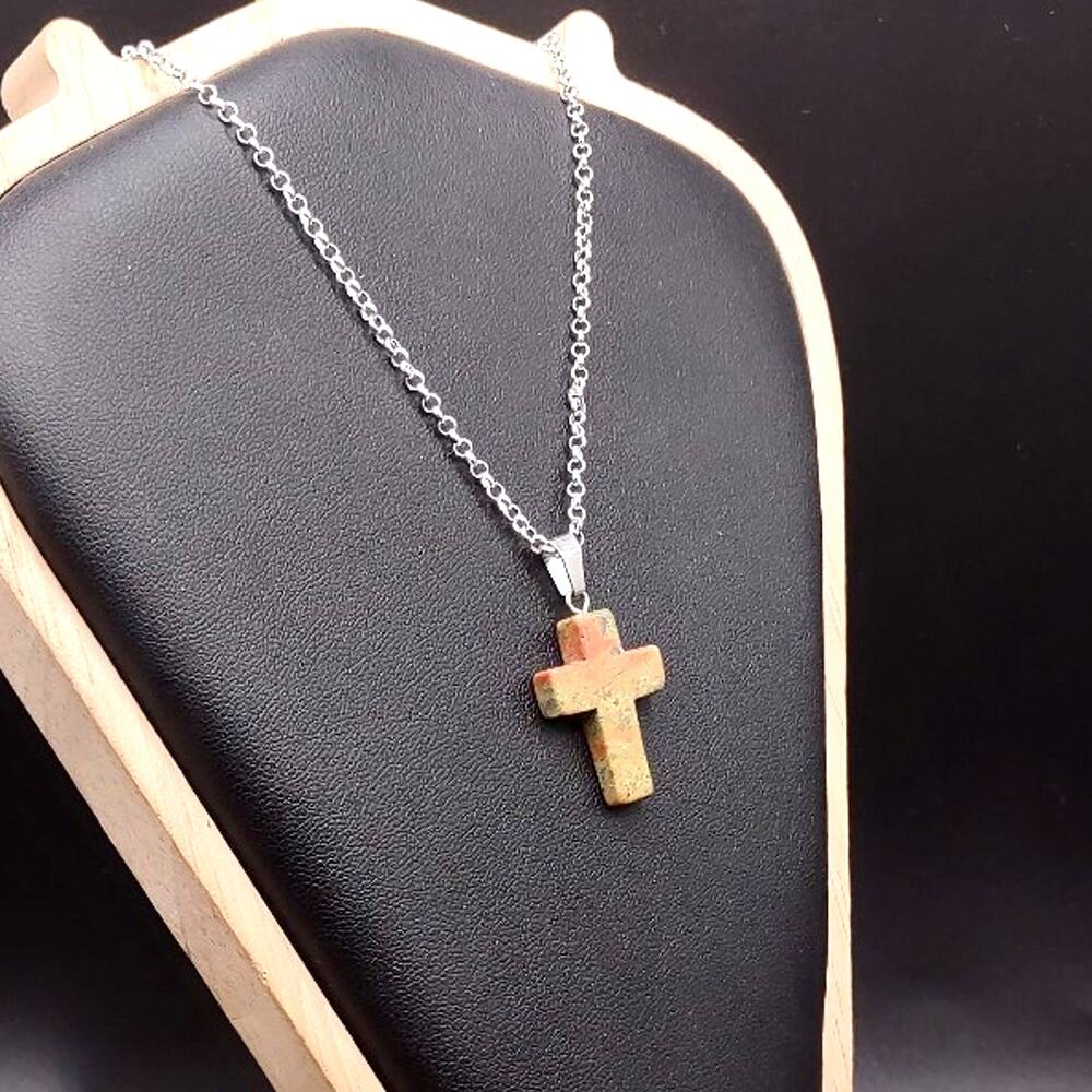 925 Silver Necklace W/ Stone Cross Green Pink Unakite Valentine Birthday Gift